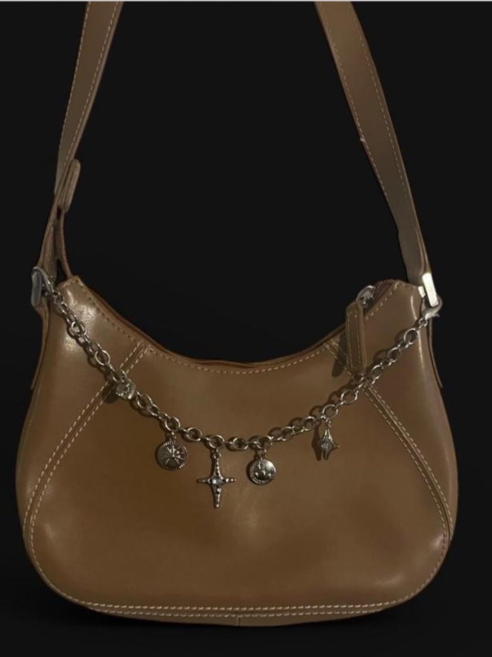 Liz Claiborne tan Leather Shoulder Bag with Silver Charm Chain